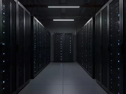 Dunkler, minimalistischer Serverraum mit symmetrischen Metallschränken und blauen Statusleuchten in einer Industrieumgebung. - Foto: über boerse-global.de