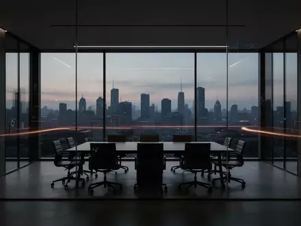 Ein dunkler, moderner Konferenzraum mit Glaswänden bei Dämmerung, der einen Blick auf eine nächtliche Stadtlandschaft bietet. - Foto: über boerse-global.de