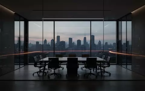 Ein dunkler, moderner Konferenzraum mit Glaswänden bei Dämmerung, der einen Blick auf eine nächtliche Stadtlandschaft bietet. - Foto: über boerse-global.de