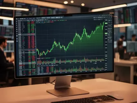 Ein moderner Computermonitor mit steigenden Aktienkursen und Finanzdiagrammen in einem Büro. - Foto: über boerse-global.de