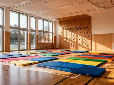 Ein heller, moderner Gymnastikraum in einer bayerischen Grundschule mit Turnmatten auf einem Holzboden. - Foto: über boerse-global.de