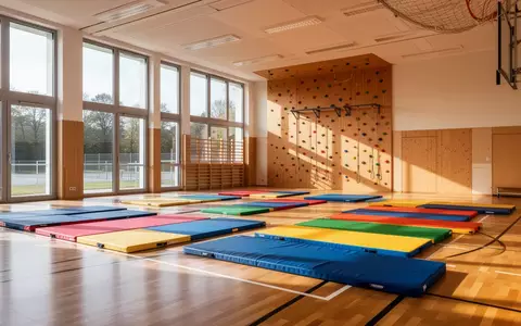 Ein heller, moderner Gymnastikraum in einer bayerischen Grundschule mit Turnmatten auf einem Holzboden. - Foto: über boerse-global.de