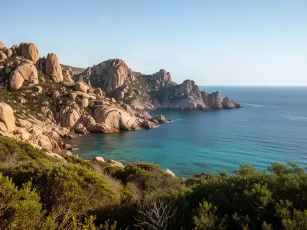 Eine sonnendurchflutete sardische Küstenlandschaft mit Granitfelsen und kristallklarem Wasser am Mittelmeer. - Foto: über boerse-global.de