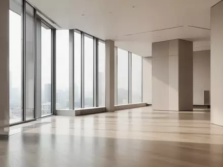 Ein minimalistisch gestalteter, leerer Büroraum mit hellem Holzboden und natürlichem Lichteinfall durch große Fenster. - Foto: über boerse-global.de