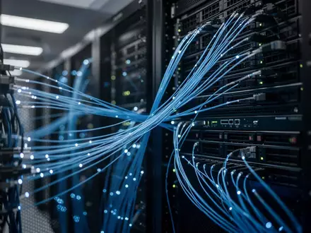 Serverraum mit blau beleuchteten Netzwerkkabeln und Hardware-Racks in einem Rechenzentrum. - Foto: über boerse-global.de