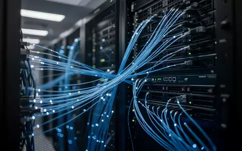 Serverraum mit blau beleuchteten Netzwerkkabeln und Hardware-Racks in einem Rechenzentrum. - Foto: über boerse-global.de