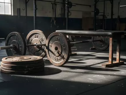Leerer Kraftraum mit verrosteten Hantelscheiben und einer Metallbank in einem Fitnessstudio. - Foto: über boerse-global.de