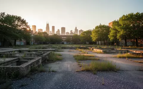 Weites, ungenutztes Industriegelände mit Brachflächen und Grünbewuchs vor einer städtischen Silhouette in der Abendsonne. - Foto: über boerse-global.de