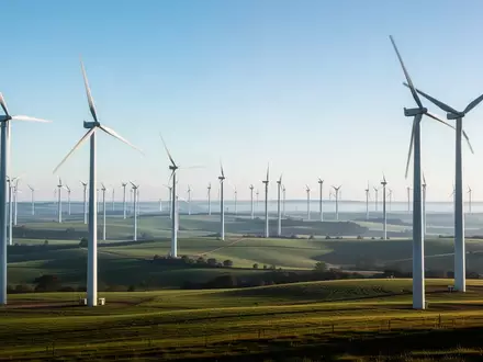 Weitläufige Windkraftanlagen in einer grünen Hügellandschaft bei klarem Tageslicht. - Foto: über boerse-global.de