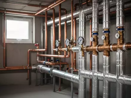 Ein technischer Heizungsraum mit verschiedenen isolierten Rohren und Leitungen in einem Wohngebäude. - Foto: über boerse-global.de