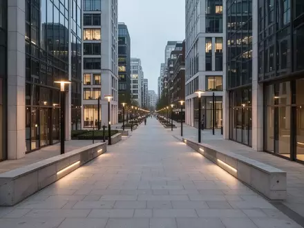 Ein beleuchteter, leerer Gehweg im Londoner Finanzviertel bei Dämmerung mit moderner Architektur und urbaner Umgebung. - Foto: über boerse-global.de