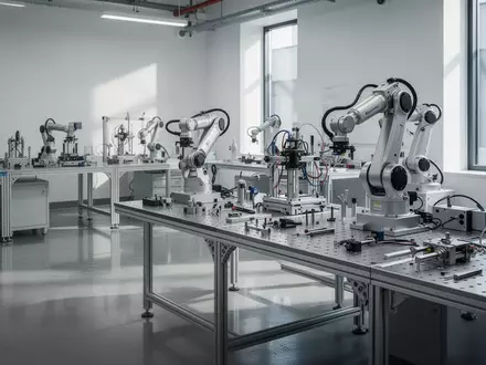 Ein minimalistisches, hochmodernes Robotik-Forschungslabor mit präzisen mechanischen Bauteilen auf einer Werkbank. - Foto: über boerse-global.de