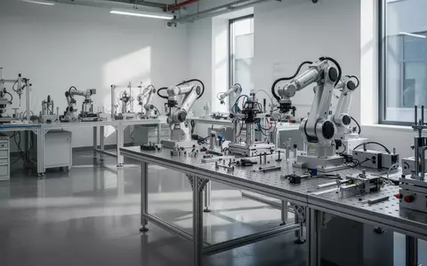 Ein minimalistisches, hochmodernes Robotik-Forschungslabor mit präzisen mechanischen Bauteilen auf einer Werkbank. - Foto: über boerse-global.de