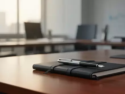 Ein minimalistischer Schreibtisch mit einem Füllfederhalter und Notizbuch in einem professionellen Büroambiente. - Foto: über boerse-global.de