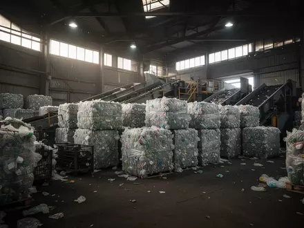 Gestapelte Kunststoffballen in einer industriellen Recyclinganlage als Symbol für die Kunststoffverpackungssteuer. - Foto: über boerse-global.de