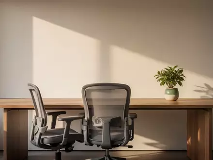 Ein minimalistischer, aufgeräumter Arbeitsplatz mit einem Holztisch, einem leeren Stuhl und einer Pflanze bei Tageslicht. - Foto: über boerse-global.de