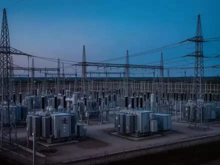 Weitläufige elektrische Umspannstation mit Transformatoren und Hochspannungsmasten in der Abenddämmerung. - Foto: über boerse-global.de