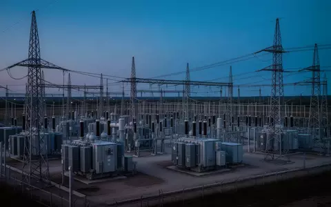 Weitläufige elektrische Umspannstation mit Transformatoren und Hochspannungsmasten in der Abenddämmerung. - Foto: über boerse-global.de