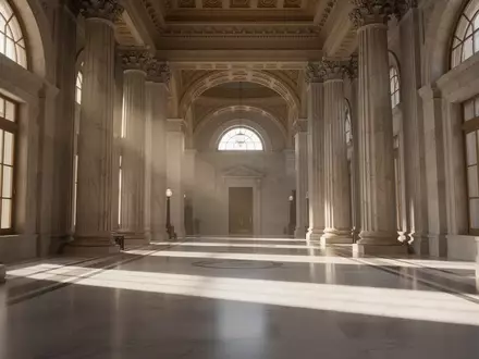Ein leeres, prunkvolles Regierungsgebäude mit Marmorsäulen und weiten Fluren im natürlichen Licht. - Foto: über boerse-global.de