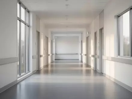 Ein heller, moderner Krankenhausflur mit klaren Linien und natürlichem Tageslicht, ohne Personen. - Foto: über boerse-global.de