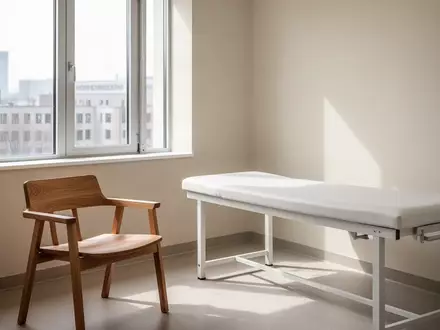 Ein minimalistischer, lichtdurchfluteter Beratungsraum in einer modernen Universitätsklinik mit einem leeren Stuhl. - Foto: über boerse-global.de