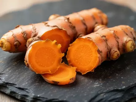 Frische Kurkumawurzeln mit leuchtend orangefarbenem Inneren auf einem dunklen Steinuntergrund. - Foto: über boerse-global.de