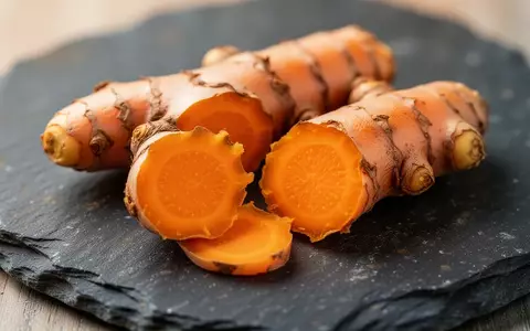 Frische Kurkumawurzeln mit leuchtend orangefarbenem Inneren auf einem dunklen Steinuntergrund. - Foto: über boerse-global.de