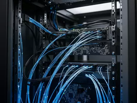 Ein abstraktes, modernes Server-Rack mit leuchtenden Glasfaserkabeln und technischer Hardware in dunkler, industrieller Umgebung. - Foto: über boerse-global.de