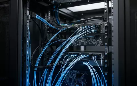 Ein abstraktes, modernes Server-Rack mit leuchtenden Glasfaserkabeln und technischer Hardware in dunkler, industrieller Umgebung. - Foto: über boerse-global.de