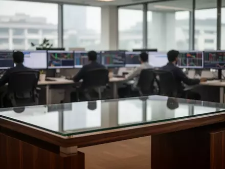 Ein moderner Büroarbeitsplatz in einer Finanzfirma mit verschwommenen Monitoren im Hintergrund. - Foto: über boerse-global.de