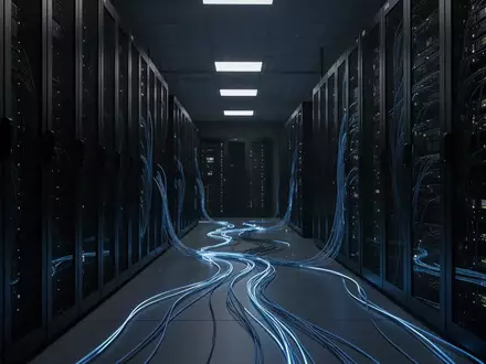 Dunkler Serverraum mit leuchtenden Glasfaserkabeln, der die abstrakte digitale Bedrohungslage visualisiert. - Foto: über boerse-global.de