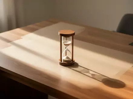 Eine Sanduhr auf einem leeren Holztisch in einem sonnendurchfluteten Raum als Symbol für langfristige Vorsorge. - Foto: über boerse-global.de