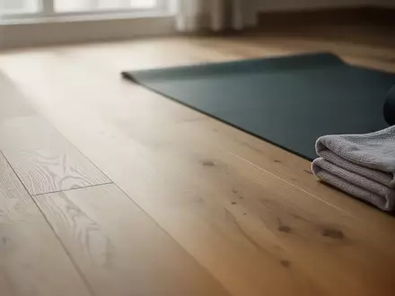 Ein minimalistisch eingerichteter Raum mit einem Yogamatte und einem Handtuch auf einem hellen Holzboden bei Tageslicht. - Foto: über boerse-global.de