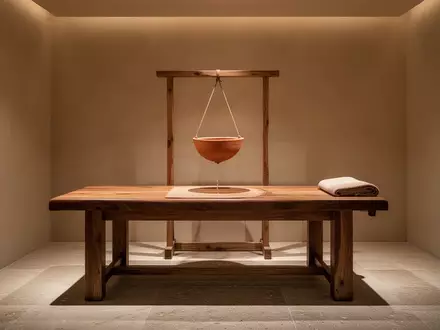 Ein ruhiger, minimalistischer Behandlungsraum mit einer hölzernen Massageliege und einer Vorrichtung für eine Shirodhara-Therapie. - Foto: über boerse-global.de