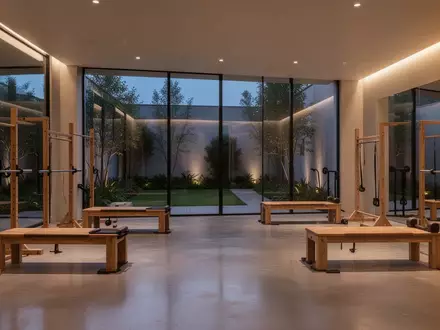 Ein minimalistisch gestalteter Fitnessraum mit hellem Holz und hohen Fenstern, die einen Blick in einen ruhigen Innenhof bieten. - Foto: über boerse-global.de