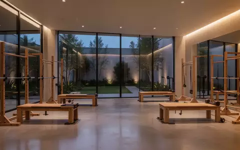 Ein minimalistisch gestalteter Fitnessraum mit hellem Holz und hohen Fenstern, die einen Blick in einen ruhigen Innenhof bieten. - Foto: über boerse-global.de