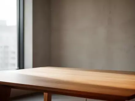 Ein minimalistischer, heller Innenraum mit weichem Tageslicht auf einem leeren Holztisch vor einer dezent texturierten Wand. - Foto: über boerse-global.de