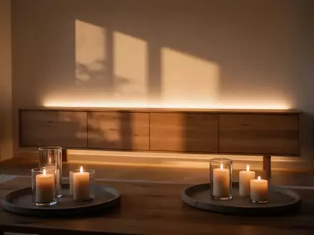Ein minimalistisch gestalteter Wohnbereich mit warmem, indirektem Licht und dezenten Kerzenarrangements auf einem Tisch. - Foto: über boerse-global.de
