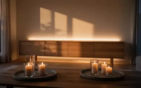 Ein minimalistisch gestalteter Wohnbereich mit warmem, indirektem Licht und dezenten Kerzenarrangements auf einem Tisch. - Foto: über boerse-global.de