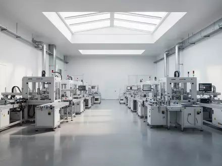 Ein minimalistisches, modernes Industrielabor mit automatisierten Montageplätzen in einem hellen, weitläufigen Raum. - Foto: über boerse-global.de