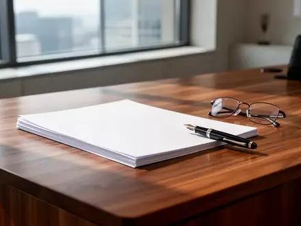 Ein minimalistischer Büroschreibtisch mit leeren Dokumenten und einem Füllfederhalter in einem hellen, sonnendurchfluteten Raum. - Foto: über boerse-global.de