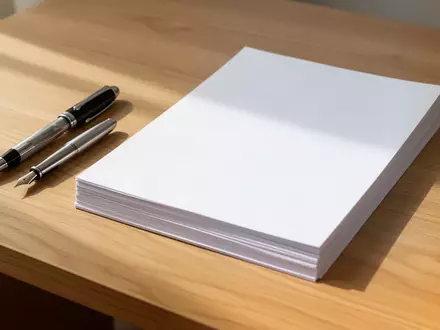 Ein minimalistischer Schreibtisch aus Eichenholz mit einem Füllfederhalter und einem Stapel leerer weißer Papierblätter. - Foto: über boerse-global.de