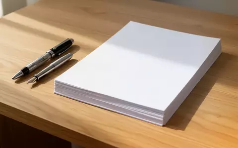 Ein minimalistischer Schreibtisch aus Eichenholz mit einem Füllfederhalter und einem Stapel leerer weißer Papierblätter. - Foto: über boerse-global.de