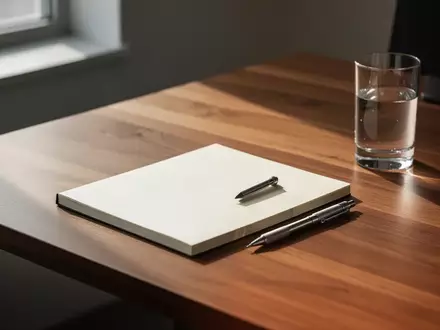 Ein minimalistischer, aufgeräumter Arbeitsplatz mit einem leeren Notizbuch und einem Stift bei natürlichem Licht. - Foto: über boerse-global.de