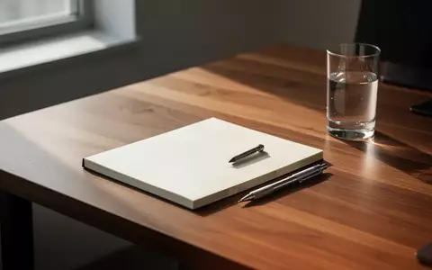 Ein minimalistischer, aufgeräumter Arbeitsplatz mit einem leeren Notizbuch und einem Stift bei natürlichem Licht. - Foto: über boerse-global.de