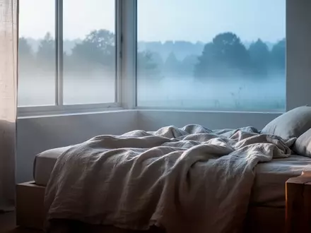 Ein minimalistisches Schlafzimmer in den frühen Morgenstunden mit sanftem Tageslicht, das auf ein ungemachtes Bett fällt. - Foto: über boerse-global.de