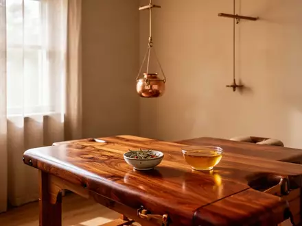 Ein minimalistischer Behandlungsraum mit einer hölzernen Massageliege und einem Kupfergefäß für ayurvedische Ölbehandlungen. - Foto: über boerse-global.de