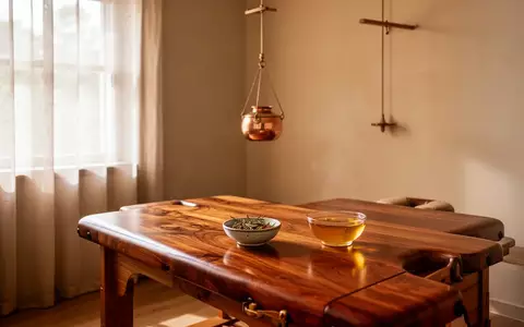 Ein minimalistischer Behandlungsraum mit einer hölzernen Massageliege und einem Kupfergefäß für ayurvedische Ölbehandlungen. - Foto: über boerse-global.de