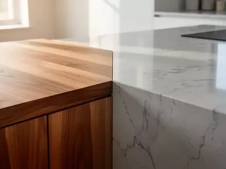 Nahaufnahme einer hochwertigen Holzoberfläche und einer Küchenarbeitsplatte aus Stein in einem hellen, minimalistischen Raum. - Foto: über boerse-global.de