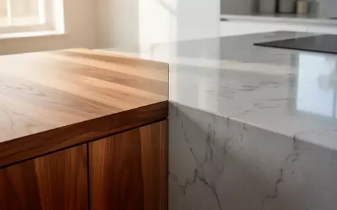 Nahaufnahme einer hochwertigen Holzoberfläche und einer Küchenarbeitsplatte aus Stein in einem hellen, minimalistischen Raum. - Foto: über boerse-global.de